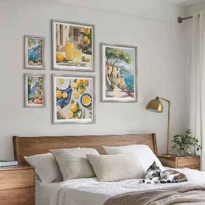 Pared galería de arte con limones y vista pintoresca