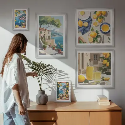 Pared galería de arte con limones y vista pintoresca