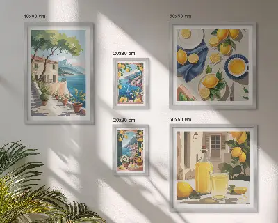 Pared galería de arte con limones y vista pintoresca