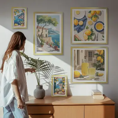 Pared galería de arte con limones y vista pintoresca