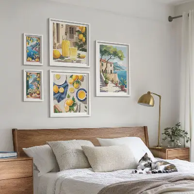 Pared galería de arte con limones y vista pintoresca
