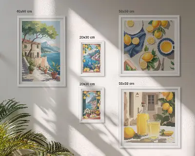 Pared galería de arte con limones y vista pintoresca