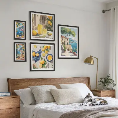 Pared galería de arte con limones y vista pintoresca