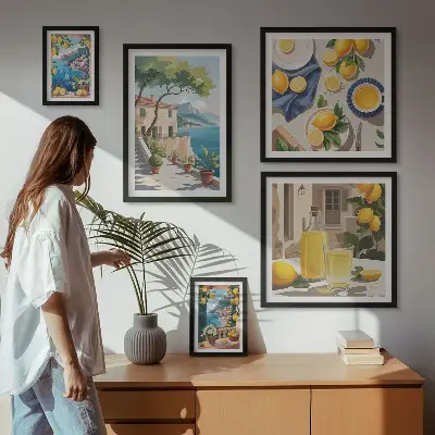 Pared galería de arte con limones y vista pintoresca