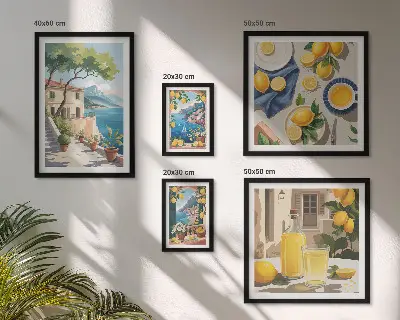 Pared galería de arte con limones y vista pintoresca
