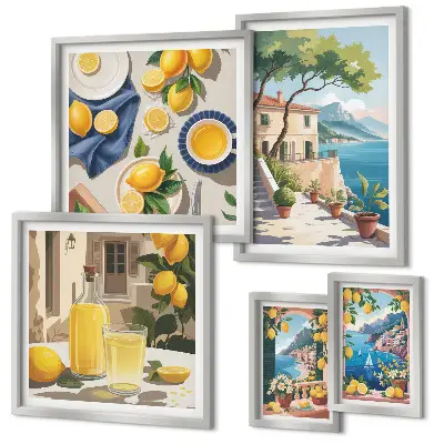 Pared galería de arte con limones y vista pintoresca