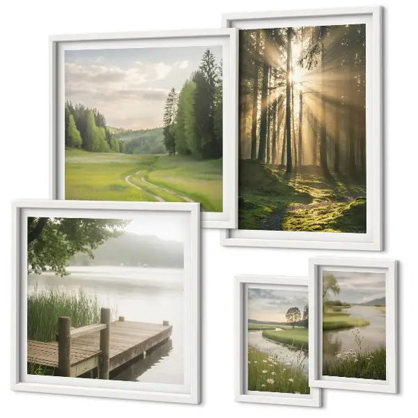 Conjunto de cuadros decorativos paisajes forestales con sol y agua