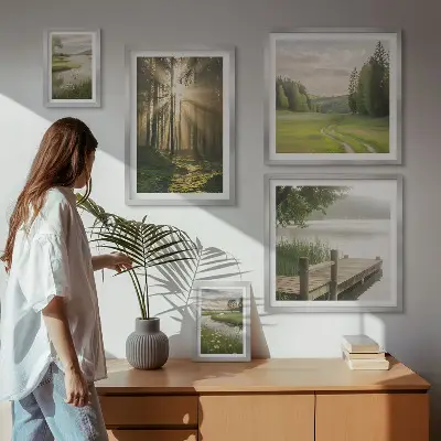Conjunto de cuadros decorativos paisajes forestales con sol y agua