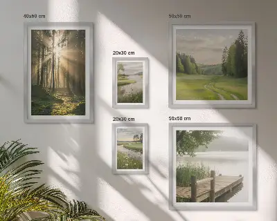 Conjunto de cuadros decorativos paisajes forestales con sol y agua
