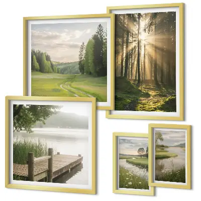 Conjunto de cuadros decorativos paisajes forestales con sol y agua