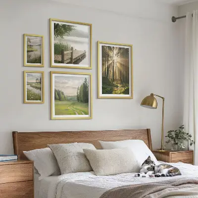 Conjunto de cuadros decorativos paisajes forestales con sol y agua