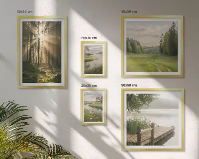 Conjunto de cuadros decorativos paisajes forestales con sol y agua