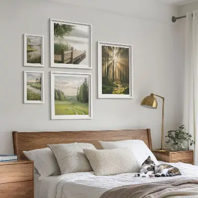 Conjunto de cuadros decorativos paisajes forestales con sol y agua