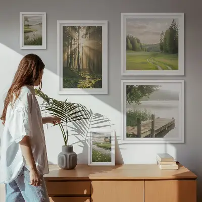 Conjunto de cuadros decorativos paisajes forestales con sol y agua