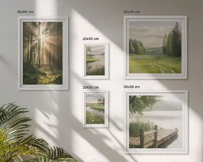 Conjunto de cuadros decorativos paisajes forestales con sol y agua