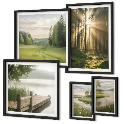 Conjunto de cuadros decorativos paisajes forestales con sol y agua