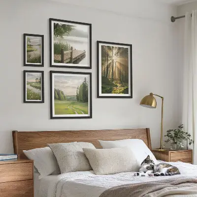 Conjunto de cuadros decorativos paisajes forestales con sol y agua