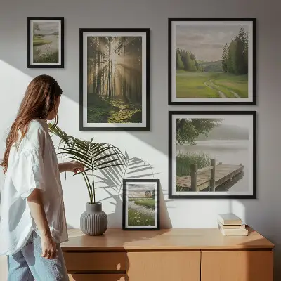 Conjunto de cuadros decorativos paisajes forestales con sol y agua