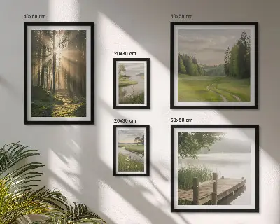 Conjunto de cuadros decorativos paisajes forestales con sol y agua