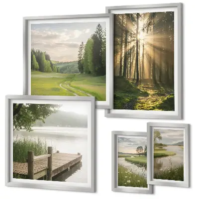 Conjunto de cuadros decorativos paisajes forestales con sol y agua