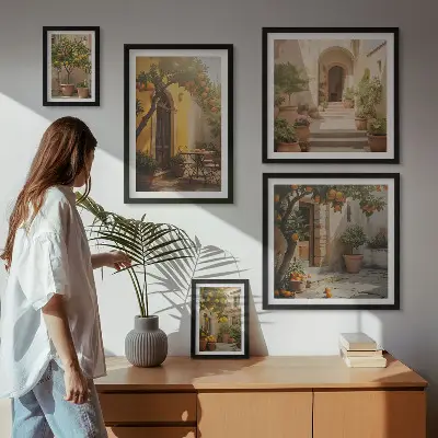 Set de 5 cuadros para salón con diseño de encantadoras calles naranjas