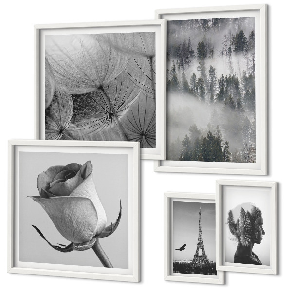 Set de 5 cuadros para salón Ciudad de naturaleza en blanco y negro