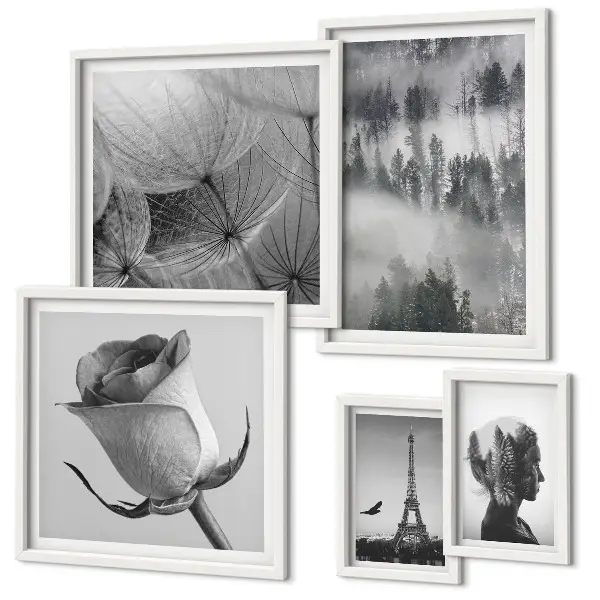 Set de 5 cuadros para salón diseño de ciudad de naturaleza en blanco y negro