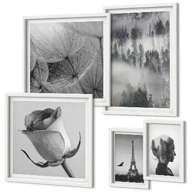 Set de 5 cuadros para salón diseño de ciudad de naturaleza en blanco y negro