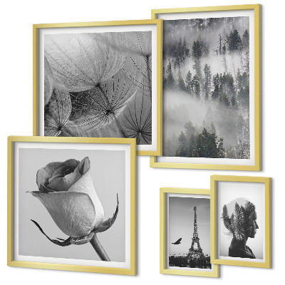 Set de 5 cuadros para salón Ciudad de naturaleza en blanco y negro