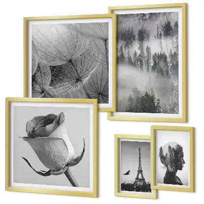 Set de 5 cuadros para salón diseño de ciudad de naturaleza en blanco y negro