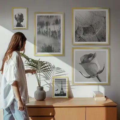 Set de 5 cuadros para salón diseño de ciudad de naturaleza en blanco y negro