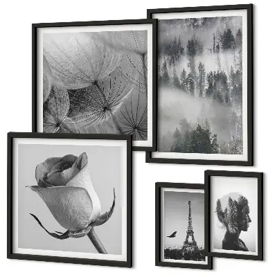 Set de 5 cuadros para salón diseño de ciudad de naturaleza en blanco y negro