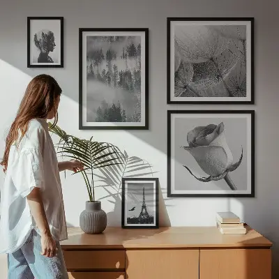 Set de 5 cuadros para salón diseño de ciudad de naturaleza en blanco y negro