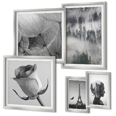 Set de 5 cuadros para salón Ciudad de naturaleza en blanco y negro
