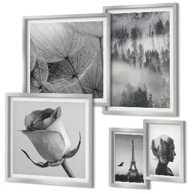 Set de 5 cuadros para salón diseño de ciudad de naturaleza en blanco y negro