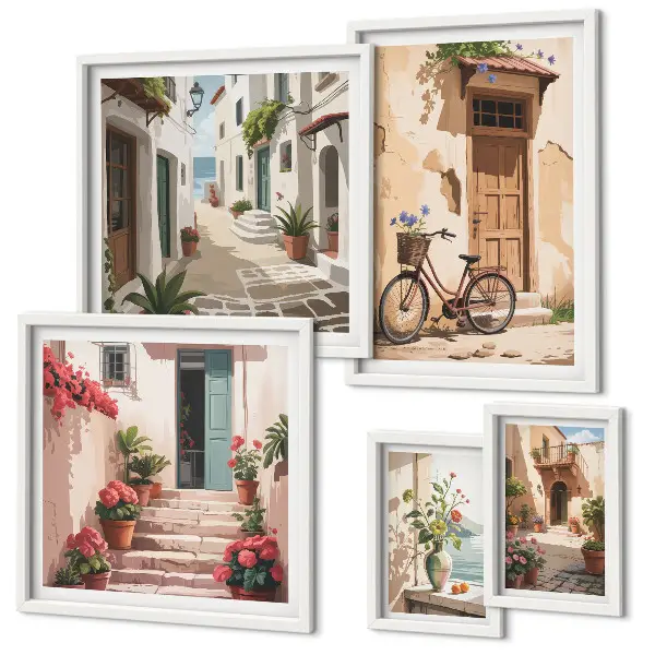 Set de 5 cuadros para salón con diseño de calles encantadoras para recorrer en bicicleta