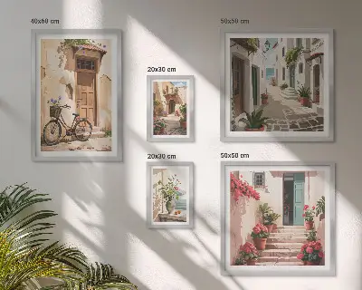 Set de 5 cuadros para salón con diseño de calles encantadoras para recorrer en bicicleta