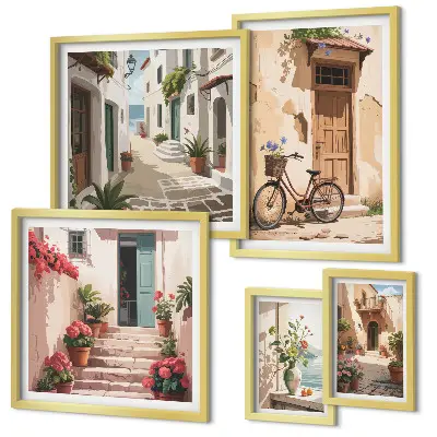 Set de 5 cuadros para salón con diseño de calles encantadoras para recorrer en bicicleta