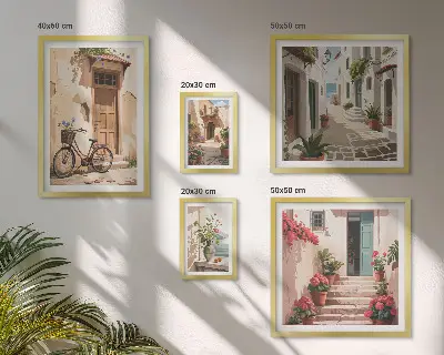 Set de 5 cuadros para salón con diseño de calles encantadoras para recorrer en bicicleta