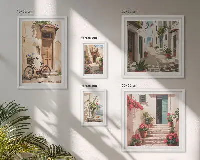 Set de 5 cuadros para salón con diseño de calles encantadoras para recorrer en bicicleta