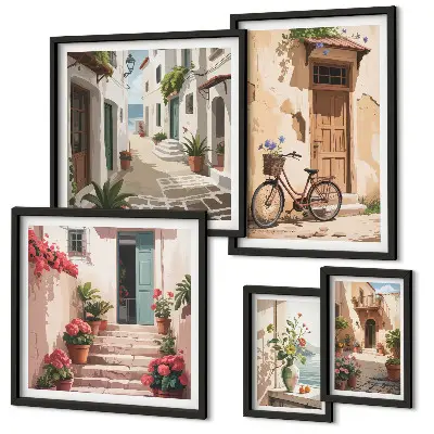Set de 5 cuadros para salón con diseño de calles encantadoras para recorrer en bicicleta