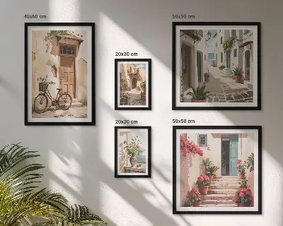 Set de 5 cuadros para salón con diseño de calles encantadoras para recorrer en bicicleta