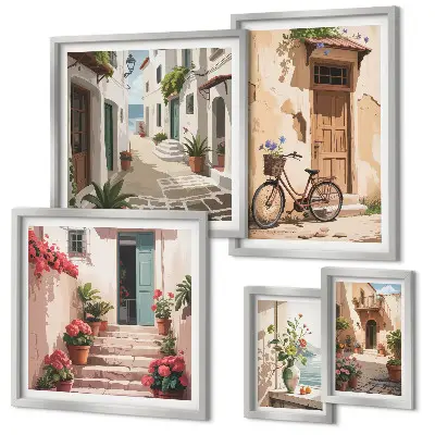 Set de 5 cuadros para salón con diseño de calles encantadoras para recorrer en bicicleta