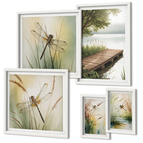 Set de 5 cuadros para salón Paisajes apacibles de libélulas