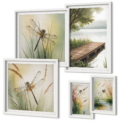 Set de 5 cuadros para salón Paisajes apacibles de libélulas
