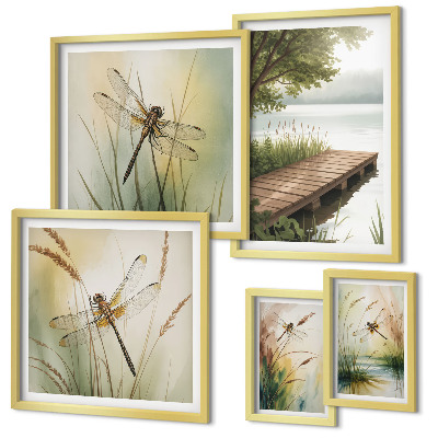 Set de 5 cuadros para salón Paisajes apacibles de libélulas