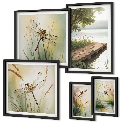 Set de 5 cuadros para salón Paisajes apacibles de libélulas