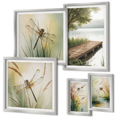 Set de 5 cuadros para salón Paisajes apacibles de libélulas