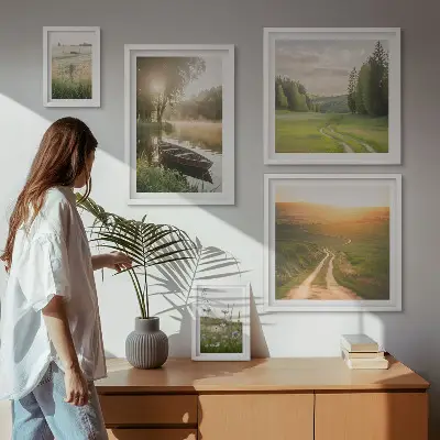 Conjunto de cuadros decorativos con paisajes de agua y vegetación