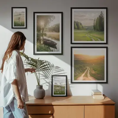 Conjunto de cuadros decorativos con paisajes de agua y vegetación